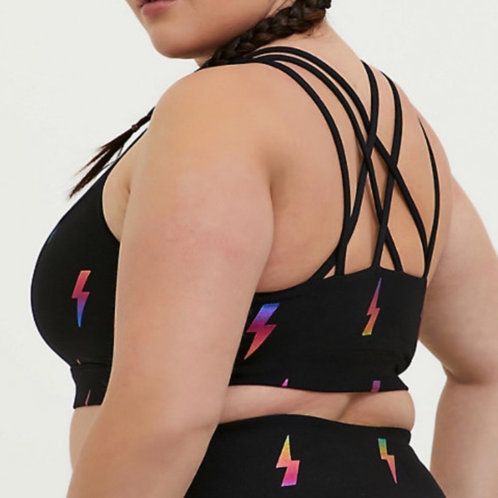 Torrid Black Rainbow Bolt Lattice Back Sports Bra - Picture 2 of 9